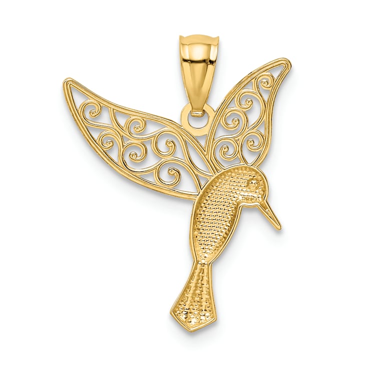 14K Two-tone Gold Polished Hummingbird Filigree Wings Pendant