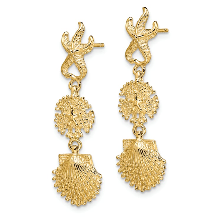 14k Yellow Gold Textured Starfish, Sand Dollar and Scallop Shell Dangle Earrings