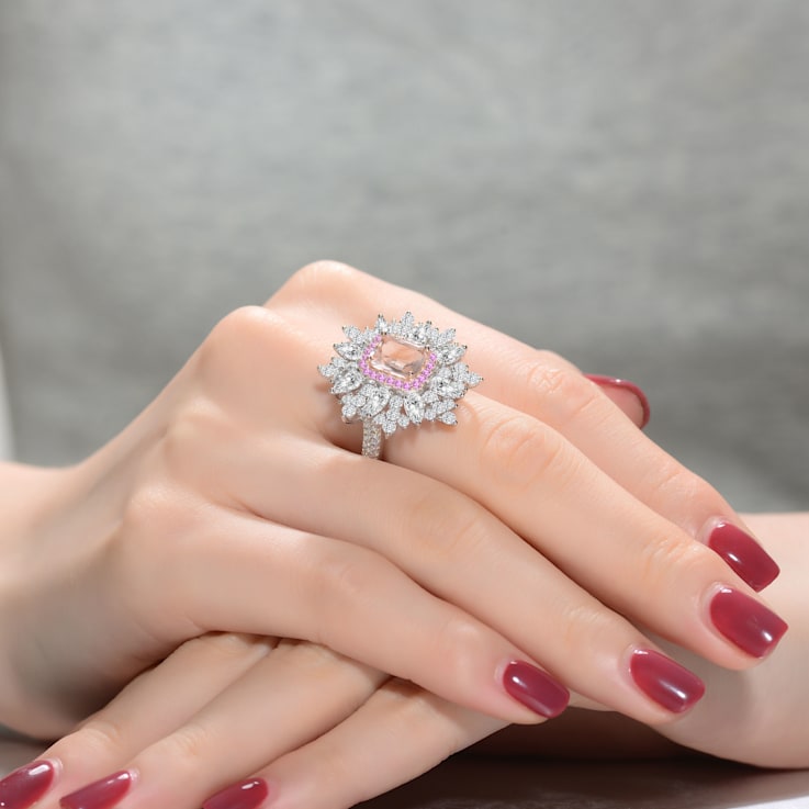 Morganite Cubic Zirconia, Rhodium Plated over Sterling Silver Halo Ring