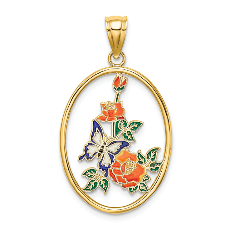 14k Yellow Gold Enamel White Butterfly In Oval with Orange Flowers Charm