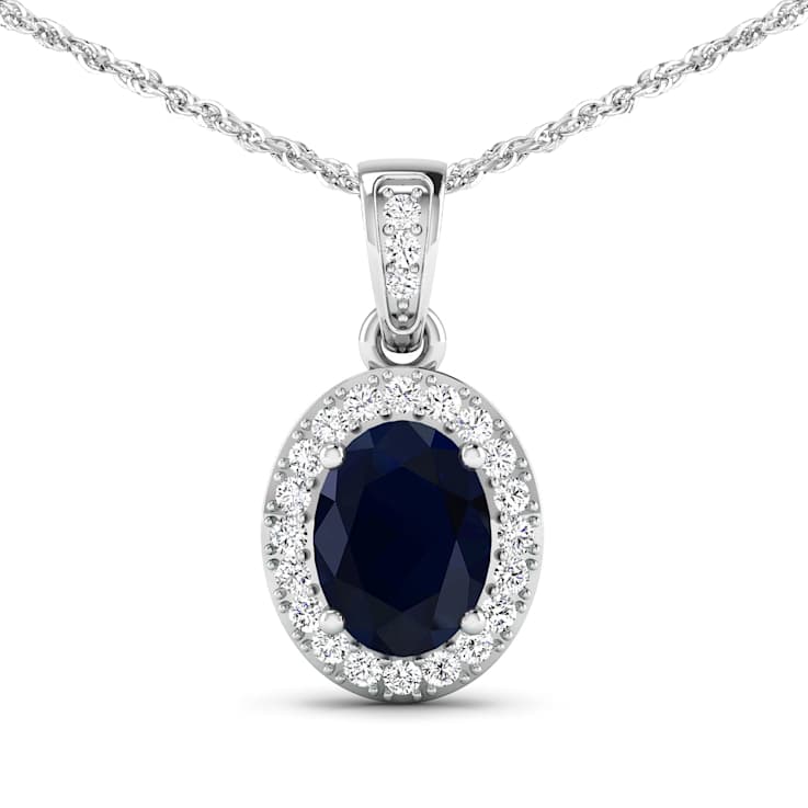1.30ctw 14K White Gold Blue Sapphire and White Diamond Pendant with 18
inch Cable Chain
