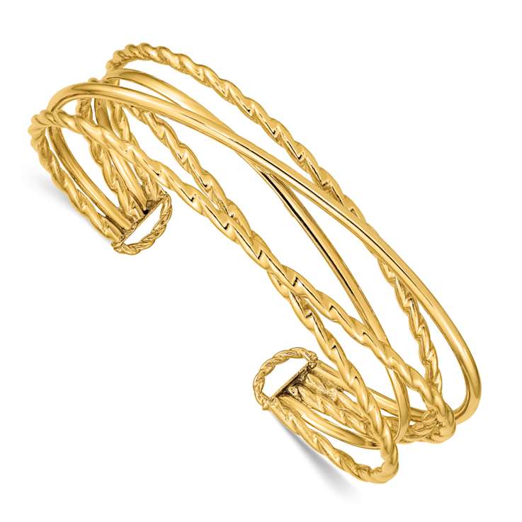 14k Yellow Gold Polished and Textured Multi Tube Cuff Bangle