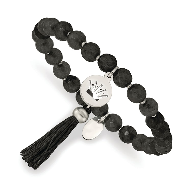 Stainless Steel Polished Crown with Tassel Black Jade Stretch Bracelet