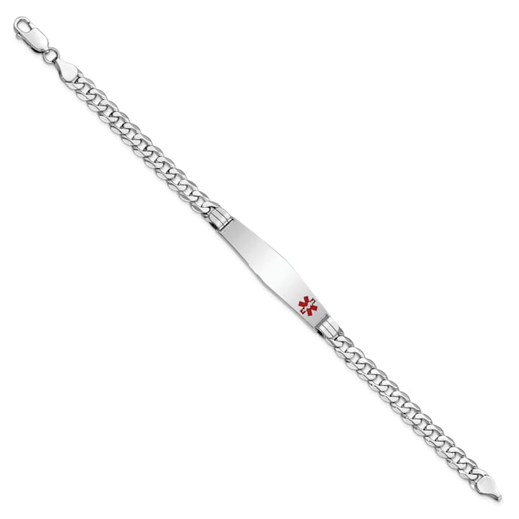 Rhodium Over 14k White Gold Medical Soft Diamond Shape Red Enamel Flat
Curb Link ID Bracelet