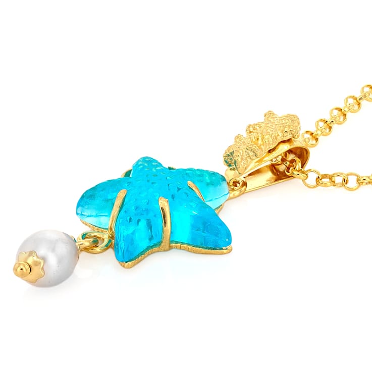 Blue Venetian Glass And Pearl Starfish Pendant In 18K Gold Over Sterling Silver