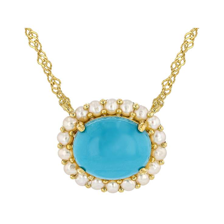 Turquoise And Cultured Seed Pearl Station Necklace In 18K Gold Over
Sterling Silver