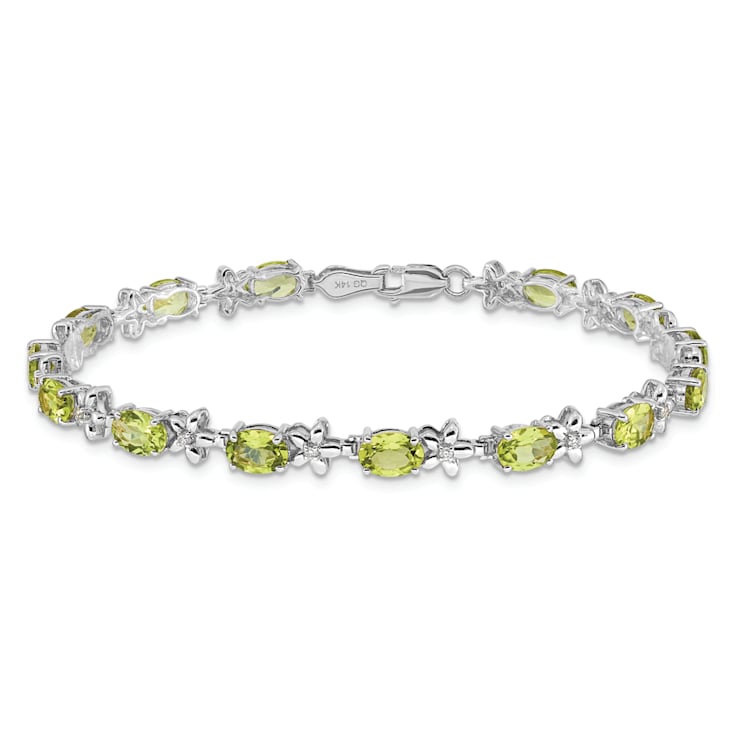 Rhodium Over 14k White Gold Floral Diamond and Peridot Bracelet