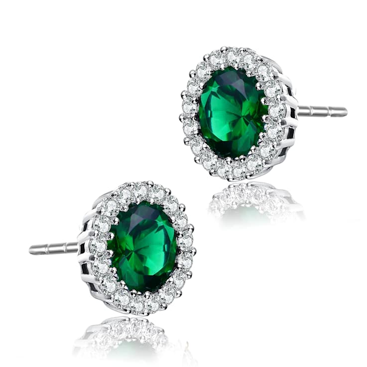 Emerald Color CZ Halo Stud Earrings In Sterling Silver