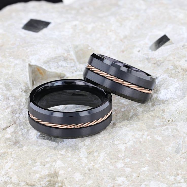 ADELARD Rose Gold Braided Brushed Center Black Tungsten Wedding Band
With Polished Beveled Edges 8mm