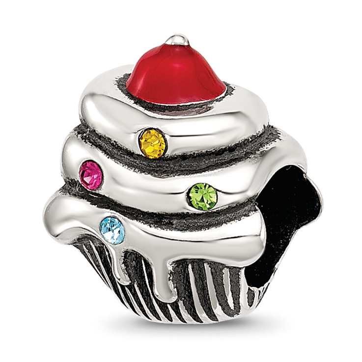 Sterling Silver Crystal and Enamel Red Cherry Cupcake Bead