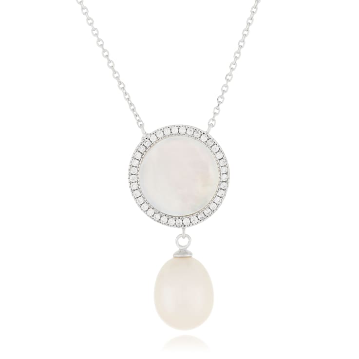 Cultured Pearl, Mother of Pearl and CZ Necklace in Sterling Silver