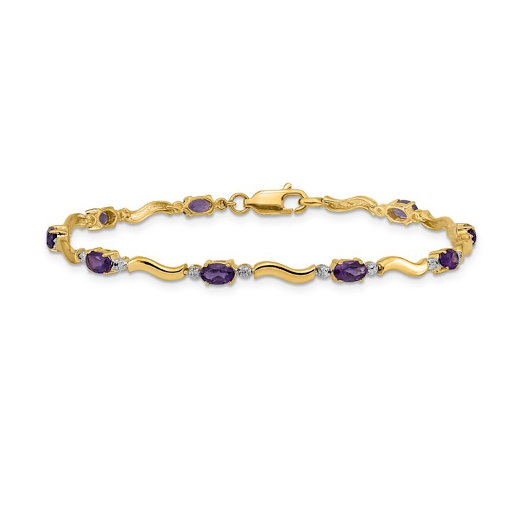 10k Yellow Gold and Rhodium Over 10k Yellow Gold Diamond and Amethyst Bracelet