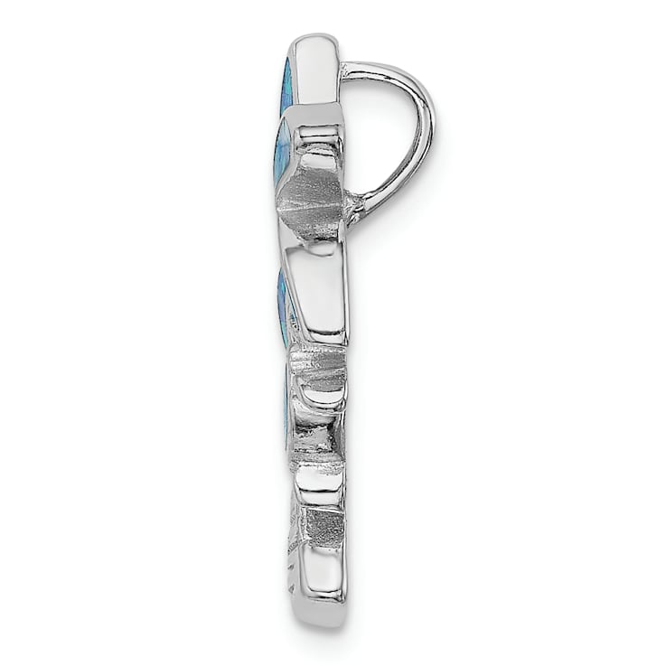 Rhodium Over Sterling Silver Blue Inlay Lab Created Opal Palm Tree Slide