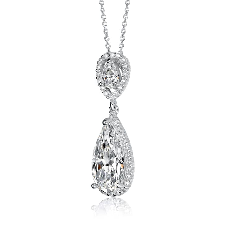Pear Shape CZ Halo Drop Necklace In Sterling Silver