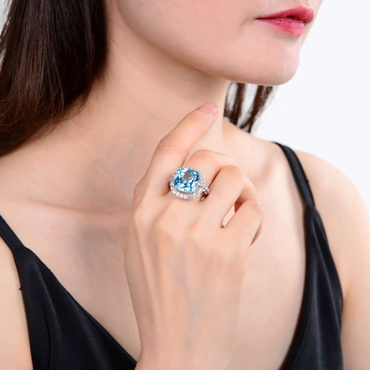 Blue and White Topaz Sterling Silver Halo Ring, 11.58ctw