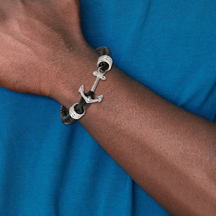 Black Braided Leather and Stainless Steel Polished Anchor 8.5-inch Bracelet