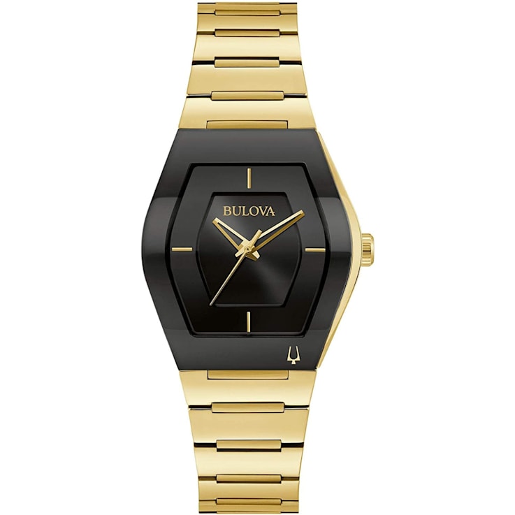 Bulova Women's Gemini Black Dial, Yellow Stainless Steel Watch
