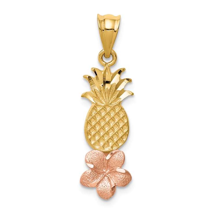 14K Two-tone Gold  Diamond-Cut Satin Pineapple with Plumeria Pendant