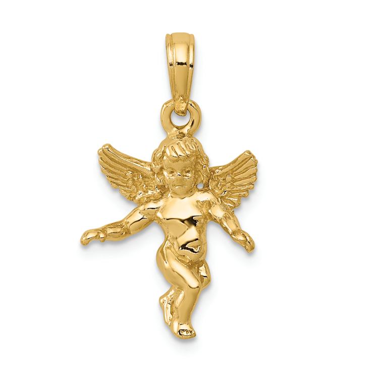 14k Yellow Gold 3D Polished and Textured Solid Angel Pendant