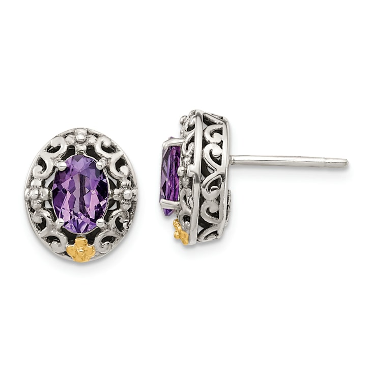 Sterling Silver Antiqued with 14K Accent Amethyst Post Earrings
