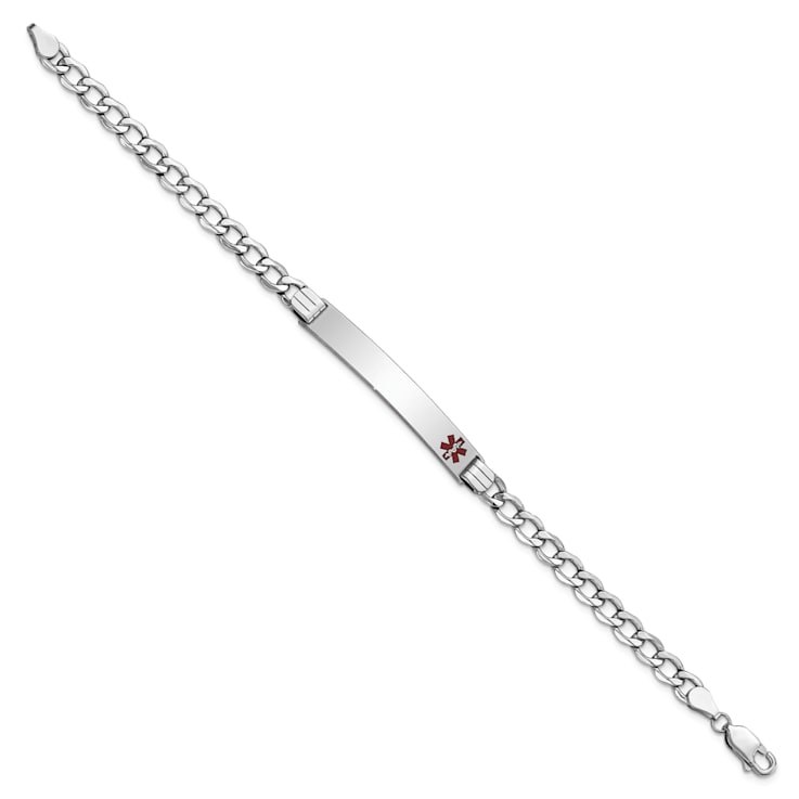 Rhodium Over 14k White Gold Medical Polished Red Enamel Curb Link ID Bracelet