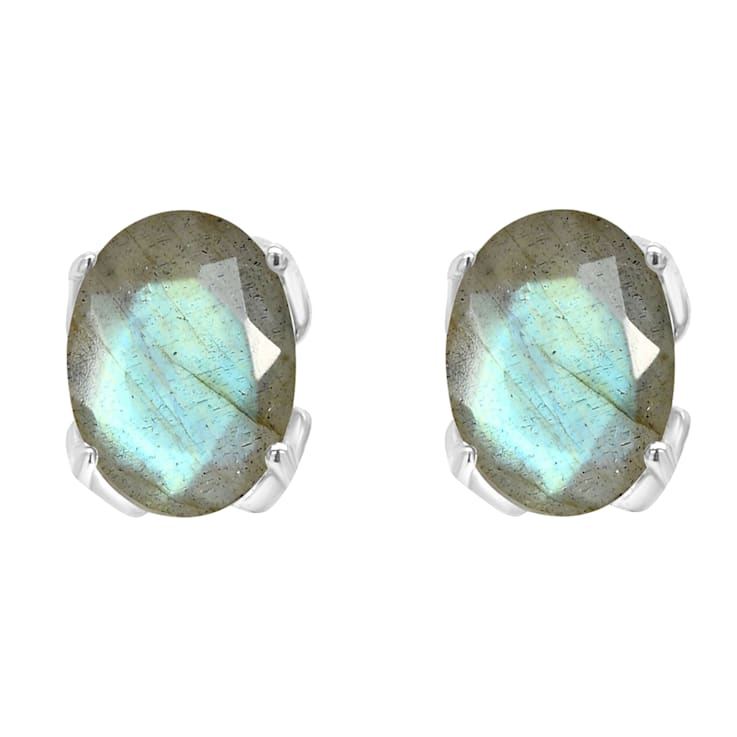 8x6mm Oval Labradorite Rhodium Over Sterling Silver Stud Earrings