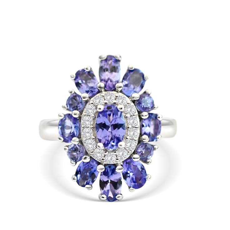 Rhodium Over Sterling Silver Mixed Shape Tanzanite and White Zircon Ring  8.22ctw