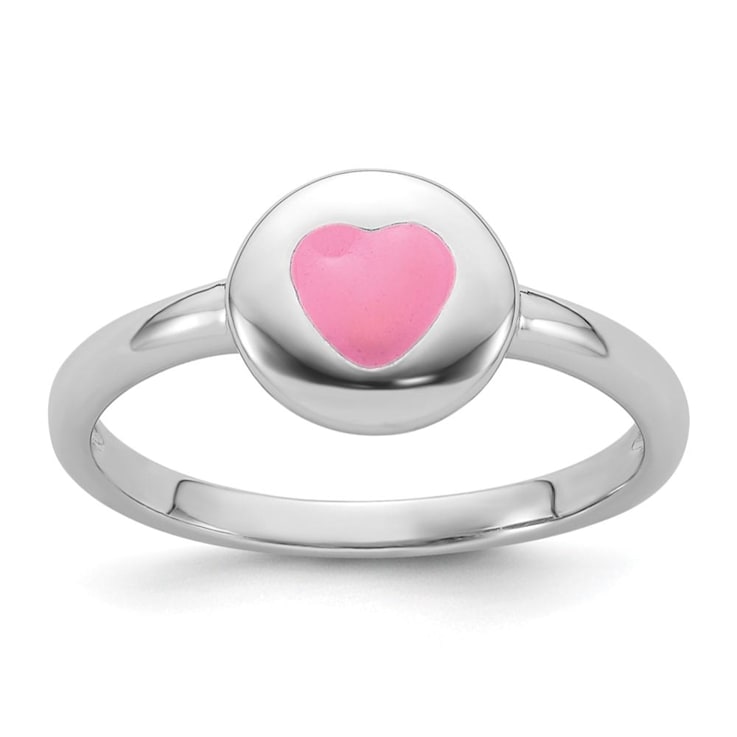 Rhodium Over Sterling Silver Polished Pink Enamel Heart Children's Ring