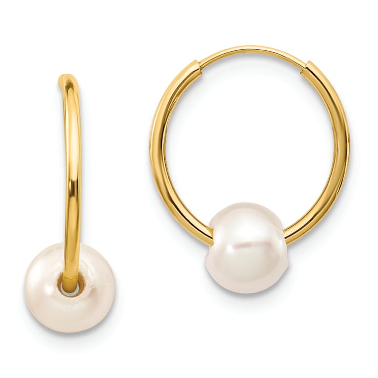 14K Yellow Gold 5-6mm White Semi-round Freshwater Cultured Pearl Endless
Hoop Earrings