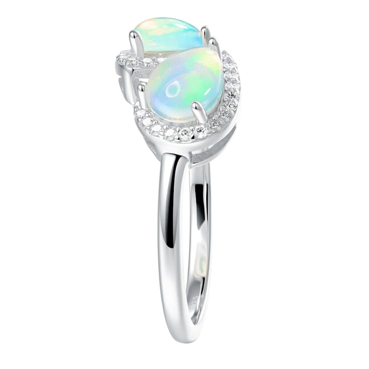 Pear Shape Opal And Zircon Halo Bypass Ring In Sterling Silver