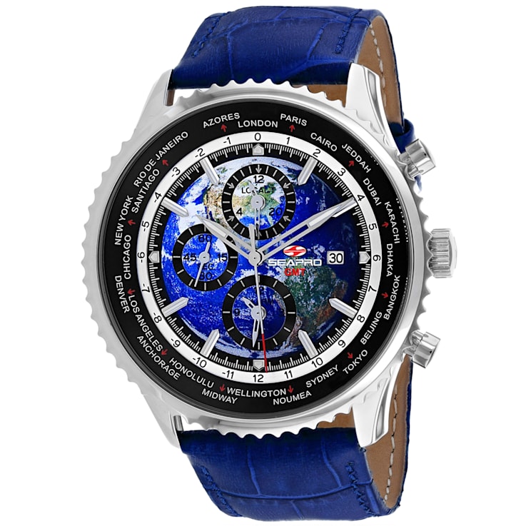 Seapro Men's Meridian World Timer GMT Blue Dial, Black Bezel, Blue
Leather Strap Watch