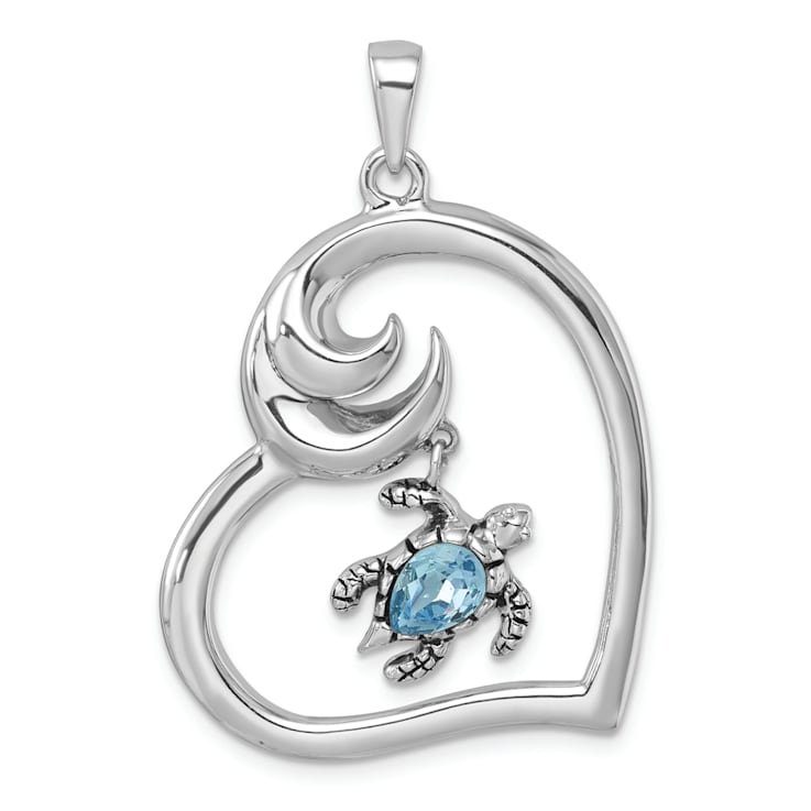 Rhodium Over Sterling Silver Crystal Turtle Heart with Wave Pendant