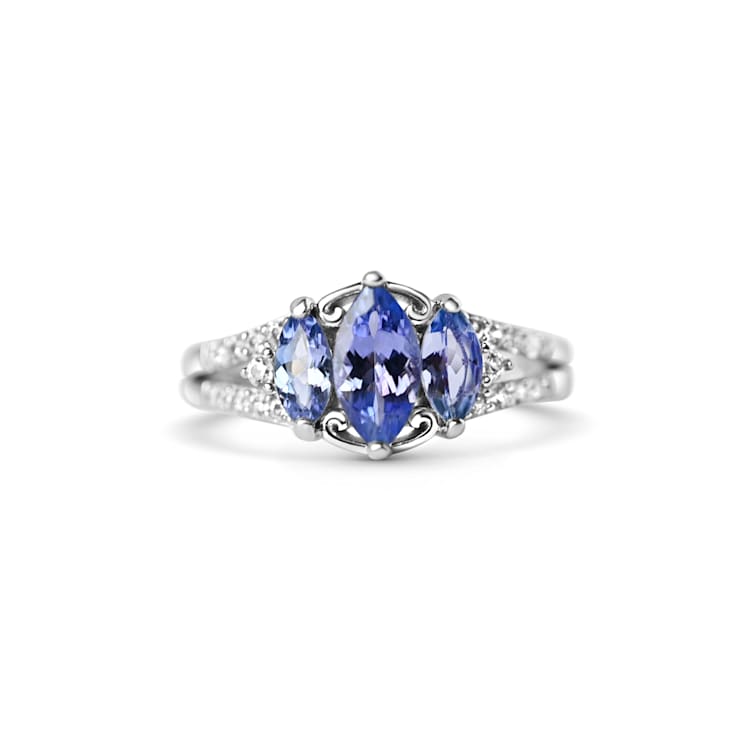 Rhodium Over Sterling Silver Marquise Tanzanite and White Zircon Ring 1.17ctw