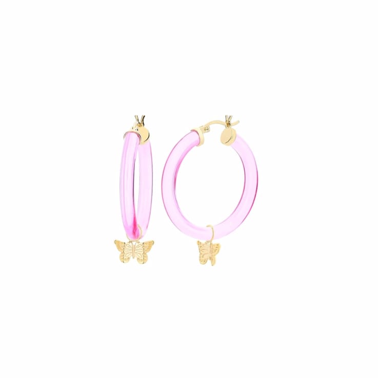 14K Yellow Gold Over Sterling Silver Acrylic Mini Butterfly Charm Hoop
Earrings in Pink