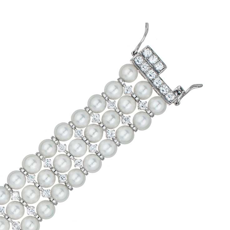 Triple-Strand Pearl And CZ Bracelet In Sterling Silver