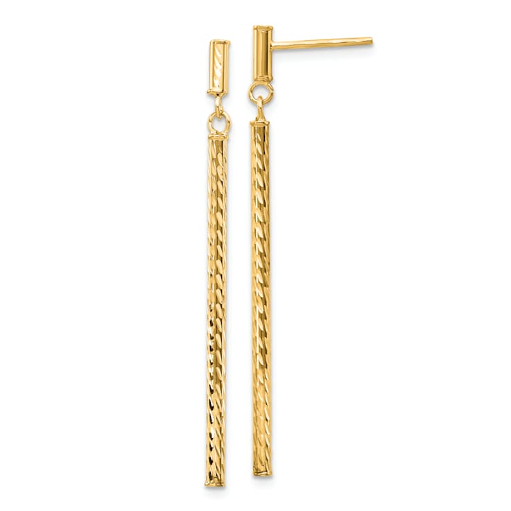 14k Yellow Gold Polished and Diamond-Cut Bar Dangle Earrings