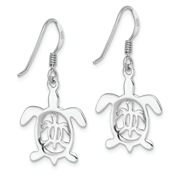 Rhodium Over Sterling Silver Cut Out Mother and Baby Turtle Dangle Earrings