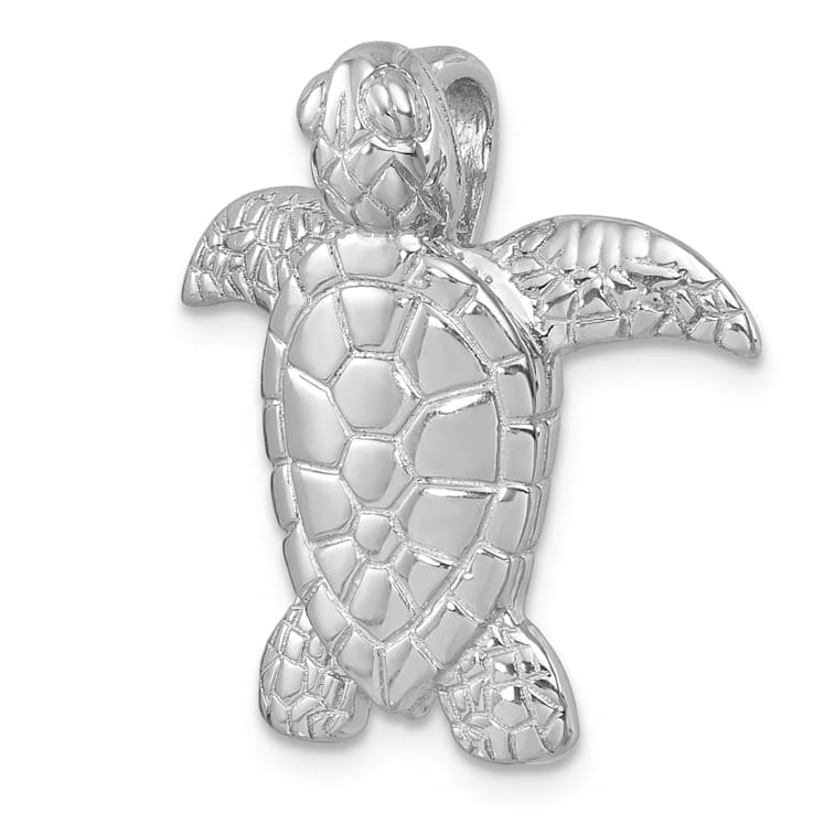 Rhodium Over Sterling Silver Polished and Textured Turtle Chain Slide Pendant