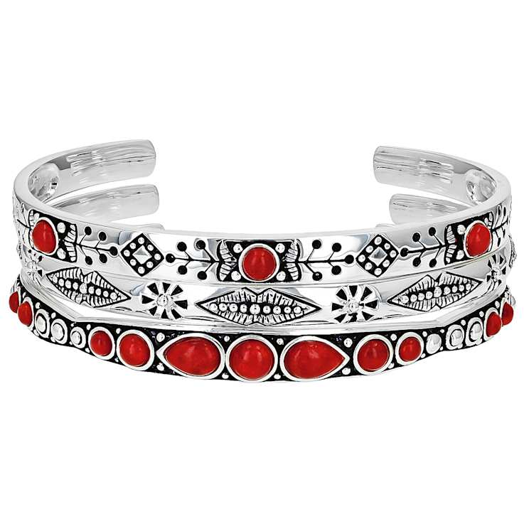 Red Coral Sterling Silver Cuff Bracelet Set Of 3