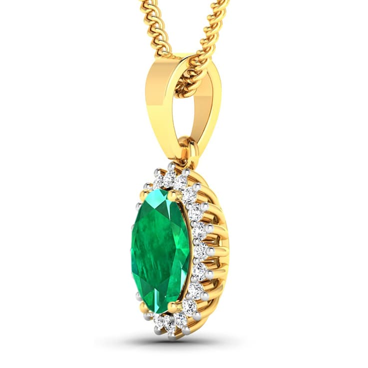 1.10ctw 14K Yellow Gold Zambian Emerald and White Diamond Pendant with
18 inch Cable Chain