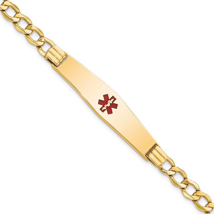 14k Yellow Gold Semi-Solid Medical Soft Diamond Shape Red Enamel Curb ID Bracelet