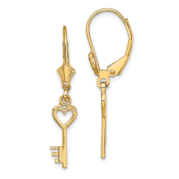 14k Yellow Gold Polished Heart Key Dangle Earrings