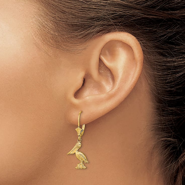 14k Yellow Gold 3D and Textured Pelican Standing Dangle Earrings