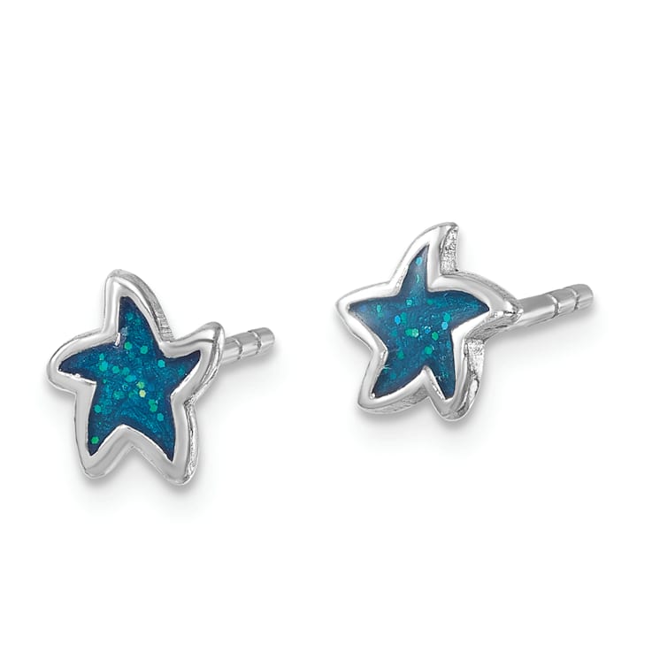 Rhodium Over Sterling Silver Polished Enameled Starfish Post Earrings
