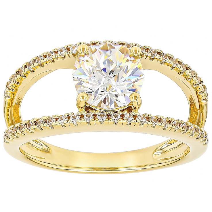 Diamond Simulant Castle Cut Round And White Zircon Ring In 18K Gold Over
Sterling Silver 2.67ctw