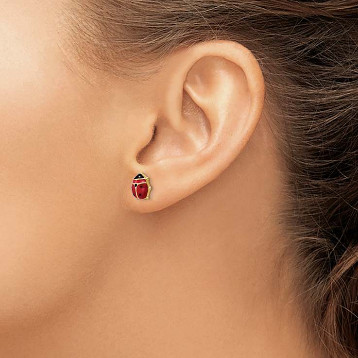 14k Yellow Gold Polished Red and Black Enameled Large Ladybug Stud Earrings