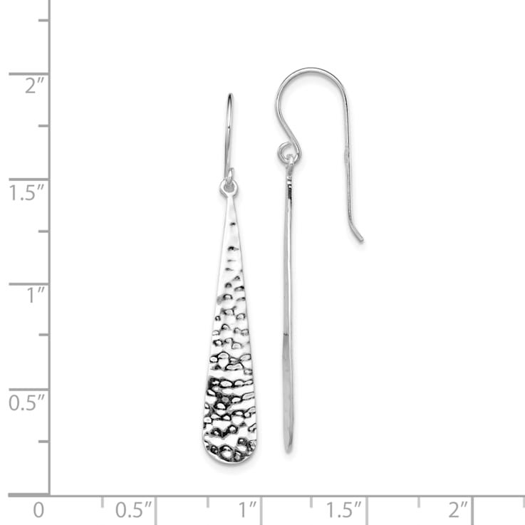 Rhodium Over Sterling Silver Hammered Teardrop Dangle Earrings