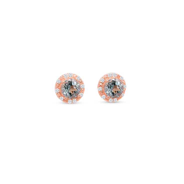 Aquamarine and CZ Round 18K Rose Gold Over Sterling Silver Button type
Earrings, 0.86ctw