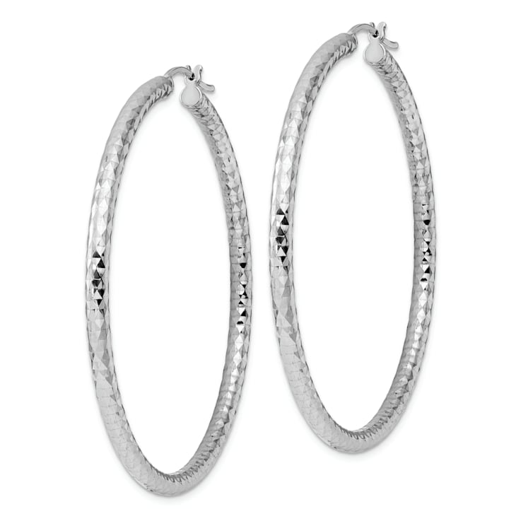 Rhodium Over Sterling Silver 3.00mm Diamond-cut Hoop Earrings