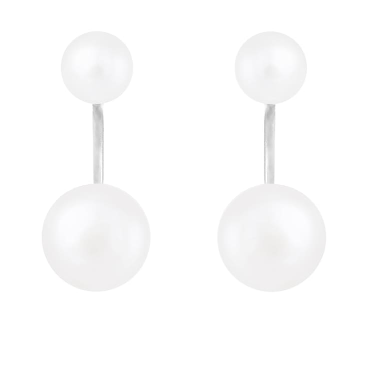 6-10mm White Cultured Freshwater Pearl Rhodium Over Sterling Silver Earrings